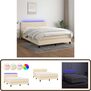vidaXL Boxspring met LED - crème - 140x200 cm Boxspring - Led Bed - Creme Bed - Pocketveer Matras - Boxspring Frame