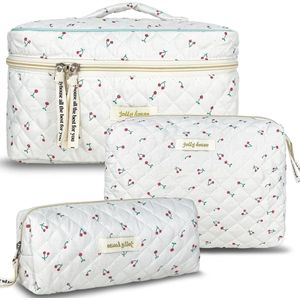 Cosmeticatas voor dames, beautycase van katoen, grote make-uptas, toilettas, organizer met capaciteit met bloemenpatroon, reisaccessoires, reisbenodigdheden, Cherry 3 stuks (large+medium+zakje)