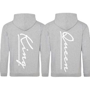 Valentijns hoodies King en Queen - Cadeau voor hem en haar - Hoodies lichtgrijs met capuchon - Maat S