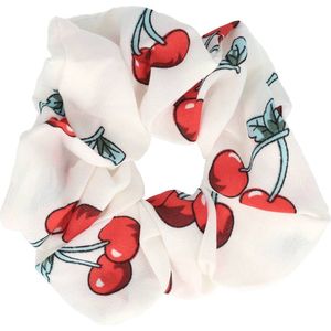 Haarsoires Haarelastiek Scrunchie – Kersenprint – Gladde Stof – Rood Wit - Haarkrinkel - Haar Elastiek met Stof - Zacht & Haarvriendelijk