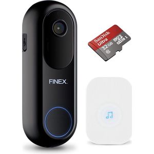 Finex™ Draadloze Video Deurbel V2 - Inclusief Binnenbel & SD Kaart (32GB) - Vast stroom of Batterijen - WiFi - Dag en Nachtmodus - Bestuurbaar via Telefoon - Zonder abonnement - Deurbel met Camera