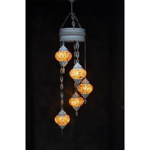 Hanglamp multicolour bruin glas mozaïek 5 bollen Turkse Oosterse Crèmewit Marokkaanse kroonluchter