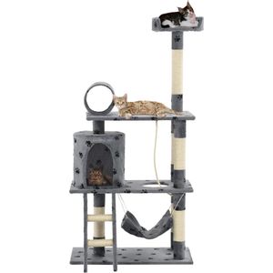 The Living Store Kattenkrabpaal - Grijs - 140 cm hoog - Basis 70 x 35 cm - Met hangmat - ladder en klimtouw