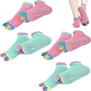 4 paar - Yogasokken voor dames - Antislipsokken met vijf tenen - Katoenen antislipsokken met gespleten tenen - Comfortabel - Antibacterieel - Roze en groen - Beschermt de tenen - Geschikt voor pilates, trampoline, dans, ballet, sportschool-Yogacadeau