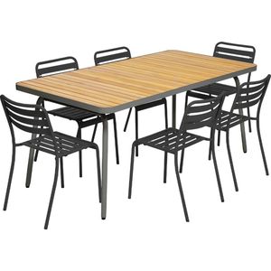 sweeek - acaciahouten tuintafel, staal, inklapbare poten + 6 stalen stoelen