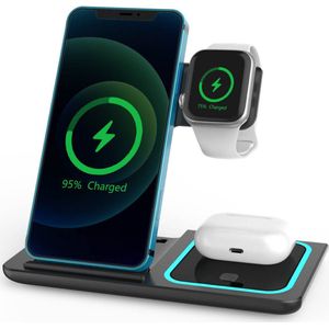 Draadloos Oplaad Station Magsafe - 3in1 Qi - Telefoon Horloge AirPods Dockingstation LED Verlichting - Zwart