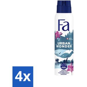4 x Fa - Deodorant Spray - Urban Wonder - Aardbei - 48 uur Bescherming - 150 ml - 48 Uur Deodorant - Deodorant Spray - Aardbei Geur - Fa Deodorant - Deodorant Voor Dames