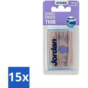 15 x Jordan Tandenstokers Double Ended Thin 100 stuks per verpakking - Tandenstokers Met Fluoride - Tandenstokers Met Mintsmaak - Tandenstokers Dun - Tandenstokers Dubbelzijdig