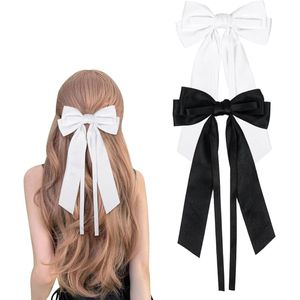 Satin Hair Bows 2 Pieces Black Hair Bow Clip for Girls Women (Black White)