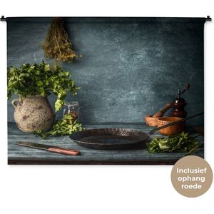 Wandkleed Kruiden en Specerijen - Rustieke tafel in de keuken Wandkleed katoen 150x112 cm - Wandtapijt met foto