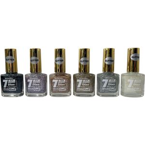 Leticia Well - Glitter Nagellak - Set van 6 flesjes - Zwart - Zilver met lila -Goud met zilver - Koel Goud - Zilver - Wit - Multi, grote, kleine en mini glitters - Inhoud per flesje 13 ml.