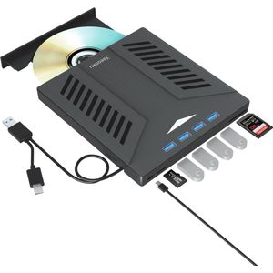 Externe CD DVD Drive met 4 USB-poorten en SD-kaartsleuven, 6-in-1 USB-hub, Ultra-Slim Optische Drive voor Laptop en PC