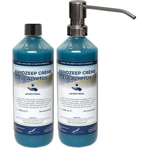 Handzeep Crème Eucalyptus 500 ml - set van 2 stuks - met gratis RVS zilverkleurige pomp - Voordeelverpakking