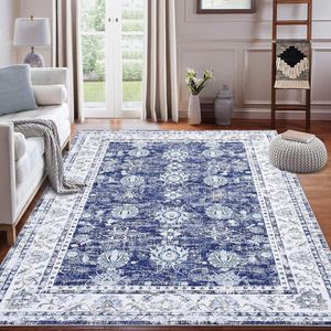 Wasbaar tapijt voor de woonkamer, 120 x 170 cm, oosters, antislip, used look, lage pool retro, vintage, voor slaapkamer, eetkamer, thuiskantoor, marineblauw