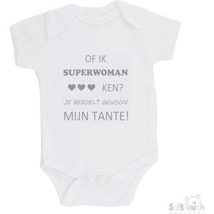 100% katoenen Romper ""Of ik Superwoman ken Je bedoelt gewoon mijn tante"" Unisex Katoen Wit/grijs Maat 62/68