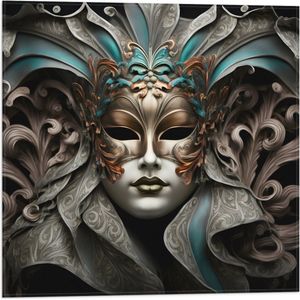 Vlag - Wit Venetiaanse carnavals Masker met Blauwe en Gouden Details tegen Zwarte Achtergrond - 50x50 cm Foto op Polyester Vlag