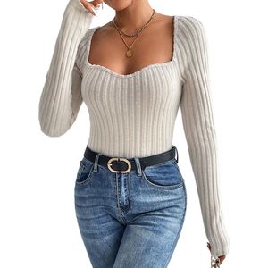 Dames Top Ribstof - Open Decolette - Shirt - Trui - Grijs - Lange Mouwen