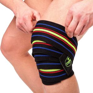 Powerlifting kniebrace 250cm extra lang zwart-blauw-rood-geel voor krachtsport en bodybuilding knee brace