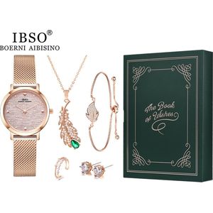 Boerni Aibisino Horloge Rosé  Ring , Armband, oorbellen en Ketting Rosékleurige luxe geschenk set luxe geschenk set | Crystal glass | Premium kwaliteit uurwerk Quartz Japan | Mineraal | Geschenk | Fashion | Elegant | Dames | Vrouw |