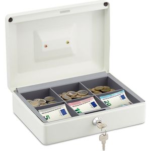 Relaxdays geldkistje met slot - geldkluisje - metaal - briefjes & munten - 2 sleutels - wit