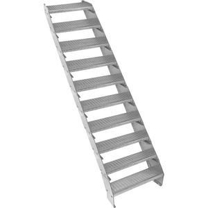 Metalen Trap 10-delige Verstelbare Hoogte 60 cm / 600 mm Breed Verzinkt Staal Zilver 10 Treden Weerbestendig Roostertrap Buiten Tuin Terras Modulaire Trap 5 mm Staafronde Dikte GRATIS Bevestigingskit