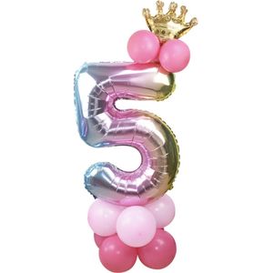 Prinsessen Verjaardag 5 Jaar - Roze Ballonnen Set - Leeftijdballon - Feestversiering / Verjaardag Versiering - Prinses Feestje - Kinderfeestje - Regenboog / Roze - Prinsessenkroontje Ballon - Prinsessen Ballon - Feestpakket - Roze Ballonnen