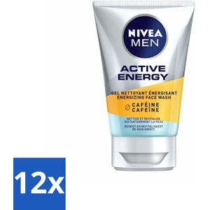 NIVEA MEN - Active Energy - Reinigingsgel Gezicht met Cafeïne - 100 ml - Voordeelverpakking - 12 stuks