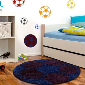 Tapijtenloods Fun Voetbal Kinderkamer Rond Vloerkleed Hoogpolig Blauw Paars- 120 CM ROND