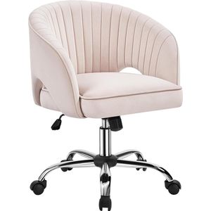 Bureaustoel met fluwelen bekleding, ergonomische bureaustoel met armleuningen, draaistoel met wieltjes, gestoffeerde stoel, in hoogte verstelbaar, bureaustoel met schommelfunctie, draaibaar, lichtroze