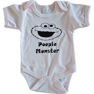 Baby romper met tekst ""Poepie monster"" blauw met zwarte bedrukking maat 56