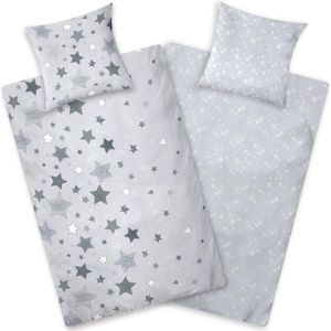 Beddengoed, flanellen sterren, lichtgrijs, 135 x 200 cm, katoen, sterrenmotief, geleidbaar, warm en behaaglijk, flanellen winterbeddengoedset, omkeerbaar beddengoed, grijs-wit
