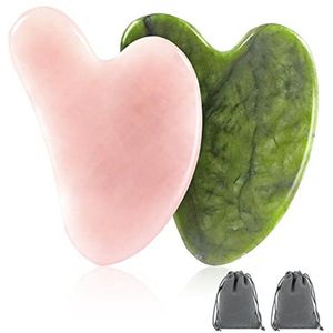 Gua Sha set 2 stuks jade en rozenkwarts gezicht massagesteen met fluwelen zakjes - Massage gereedschap voor gezichtsverzorging en SPA