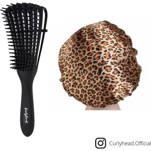 Zwarte anti klit borstel met tijgerprint satin cap| Detangling Brush with satijnen cap bonnet slaapmuts|Haarborstel | Hairbrush | Kam | Tangle Teezer | Krullend Haar | Styling | ontklit | detangler