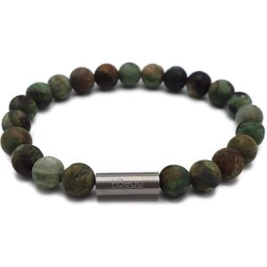 H-Beau - Handgemaakte Armband van Edelstenen - Natuurstenen - Opaal Kralen - Heren - Unisex - RVS Kraal - 8mm - lengte 19cm - Groen - Gemarmerd - Mat - Sterrenbeeld - Horoscoop - Kreeft - Schorpioen - Boogschutter - Vissen