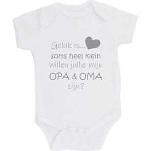 100% katoenen Romper Zwangerschap Aankondiging 2.0 ""Geluk is soms heel klein willen jullie mijn OPA & OMA zijn?"" Unisex Katoen Wit/grijs Maat 56/62