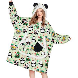 Oversized Hoodie Deken met Mouwen & Capuchon – Extra Warm en Comfortabel – Unisex Loungewear met Grote Zak – Lichtgroen met Panda print
