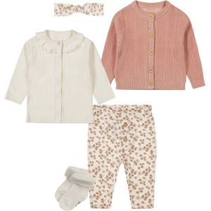 Dirkje - Basic Collection - BIO COTTON - Vest Dusty Pink - Broekje met bloemetjes - Shirt Offwhite met voorsluiting - Haarbandje -1 paar sokjes - Maat 86