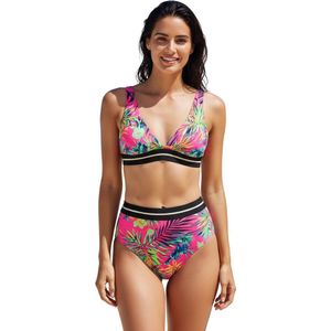 Hoge Taille Bikini Tropical - Roze - Dames Zwemkleding - Maat S