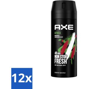 12 x Axe - Deodorant Bodyspray - 48hrs Non Stop Fresh - Africa - Mandarin & Sandalwood - 150 ml - AXE Deodorant - Deodorant Bodyspray - Geur - Mandarijn - Sandelhout