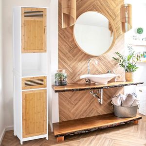 Badkamerkast met 2 deuren en 1 lade - Hout en bamboe - 180 x 39 x 30 cm - Opbergkast voor badkamer - Wit en bruin