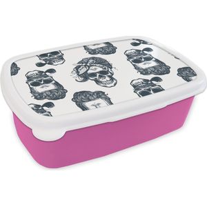 Broodtrommel Roze - Lunchbox - Brooddoos - Puber - Skull - Bandana - Patronen - 18x12x6 cm - Kinderen - Meisje