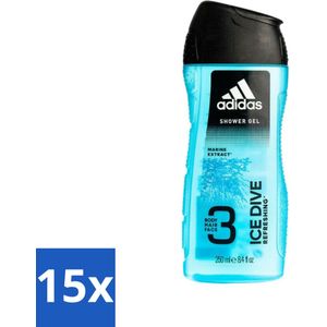 15 x Adidas - 3-in-1 Douchegel - Ice Dive Refreshing - Marine Extract - 250 ml - Adidas Ice Dive Douche & Shampoo - Douche En Shampoo - Verfrissend - Lichaam En Haar Verzorging - Actieve Mannen