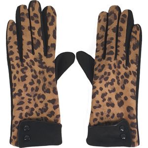 Zachte dames stretch handschoenen luipaard print dierprint zwart camel met touchscreen maat L / 8