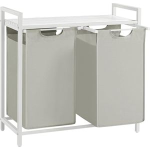 Wasmand - Wassorteerder - Dubbele wasmand - Duo wasmand - Wasmand 2 vakken - 2x 46 L - 6.6 kg - MDF- Staal - Oxford stof - Wit - Beige - 73 x 33 x 72 cm