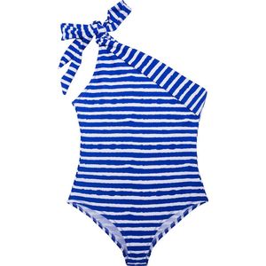 Badpak met een schouder kobalt blauw strepen 116-122