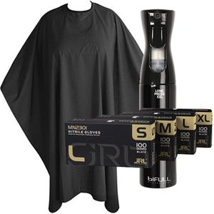 BIFULL - Complete Kappersset - Mist spray fles, Zwarte Kapmantel & JRL Handschoenen XL – Professionele Haarset voor Thuis & Salon