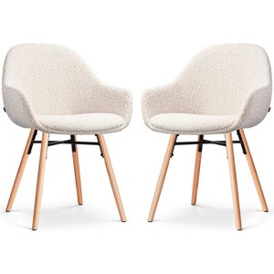 Nolon Nena-Mae Eetkamerstoelen Set van 2 Bouclé Beige - met Armleuningen - Stof - Houten Poten - Design - Scandinavisch - Comfortabel