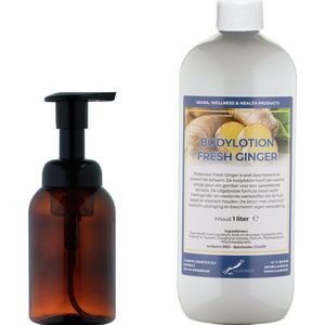 Zeepdispenser 300 ml amber bruin hervulbaar + 1 Liter Bodylotion Fresh Ginger navulling