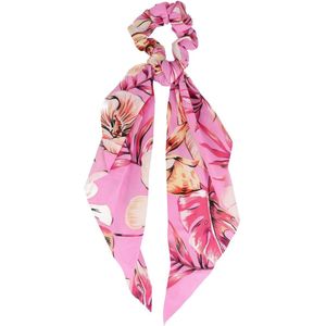 Haarsoires Haarelastiek Scrunchie – Bloemenprint – 25cm Linten – Gladde Stof – Beige Roze - Haarkrinkel - Haar Elastiek met Stof - Zacht & Haarvriendelijk