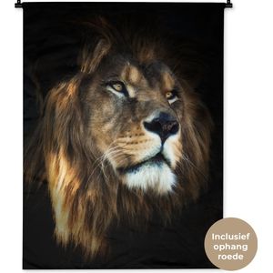 Wandkleed Dieren op een zwarte achtergrond - Leeuw op zwarte achtergrond Wandkleed katoen 90x120 cm - Wandtapijt met foto